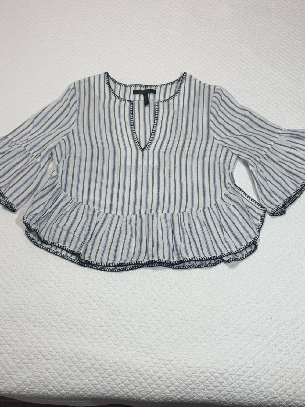 BCBGMaxAzria White Tunic with Navy Stripes and Ruffle Hem